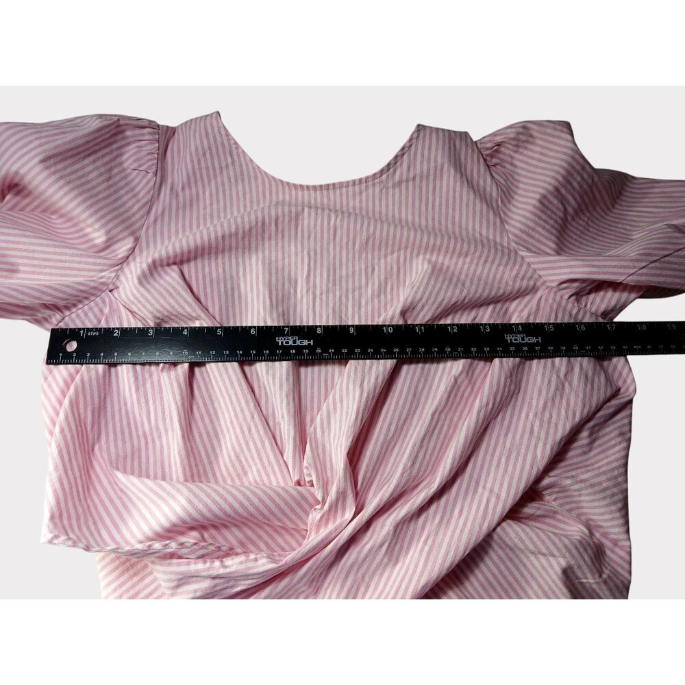 WAYF Dayna Tie Back Poplin Top Blouse Size S Striped Pink Wrap Long Sleeve Puff - Picture 10 of 11